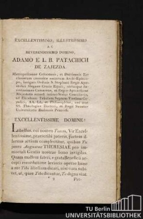 Excellentissimo , illustrissimo Reverendissimo Domino, Adamo E.L. B. Fatachich de Zajezda