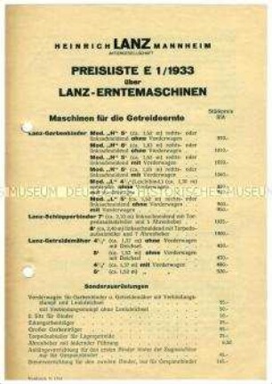 Preisliste über Erntemaschinen