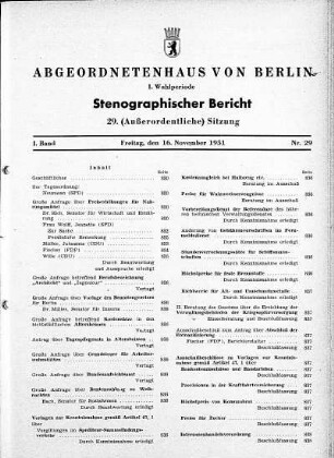Nr. 29, 16.11.1951 (Außerordentliche Sitzung)