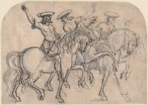 Drei Reiter mit flachen Mützen; Vorzeichnung zu Balthasar Küchlers: "Repraesentatio der Fürstlichen Auffzug und Ritterspil..." 1609