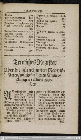 Teutsches Register Uber die fürnehmsten Redens- Arten, welche in denen Anmerckungen erkläret werden