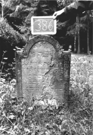 Grabstein 386 (Index: 99895817) Material: Sandstein Zustand: teilweise abgeblättert Maße HxBxT: 87x58x11 cm Beschreibung: Stele mit eingezogenem Rundbogenabschluss: Grabstein 386