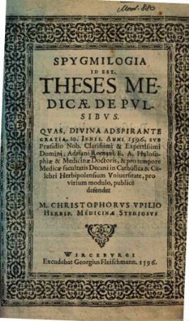 Spygmilogia Id Est Theses Medicae De Pvlsibvs