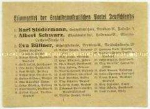 Handzettel mit der Kandidatenliste der SPD für die sächsische Landtagswahl 1920