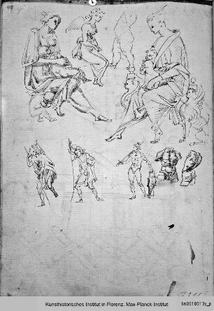 Codex Geymüller : Figurenstudie mit zwei Madonnen, Engeln, Heiligem Christophorus und Torsi
