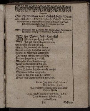 Dem Ehrwürdigen unnd Hochgelahrten/ Herrn Andreæ Fornero [...]