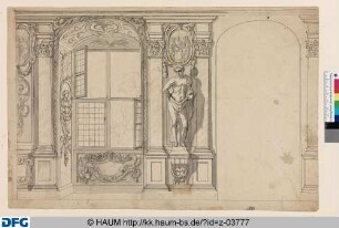 Entwurf für ein Wandgemälde: Schauwand mit geöffnetem Fenster, stehender Skulptur und korinthischen Pilastern