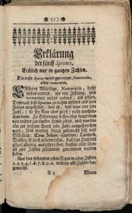 Die erste Species wird genennet Numeratio, oder numeriren.