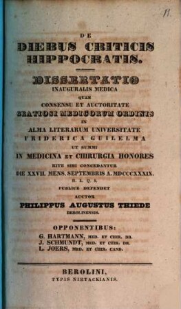 De diebus criticis Hippocratis : diss. inaug. med.