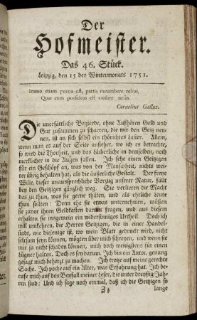 Das 46. Stück. Leipzig, den 15 des Wintermonats 1751.
