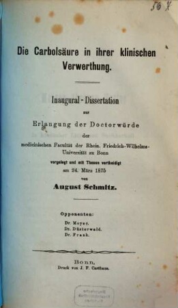 Die Carbolsäure in ihrer klinischen Verwerthung : Inaugural-Dissertation
