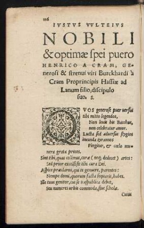 Iustus Vulteius Nobili & optimae spei puero Henrico A Cram ...