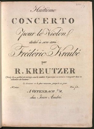 Huitième CONCERTO pour le Violon dedié à son ami Frédéric Kreubé par R. KREUTZER