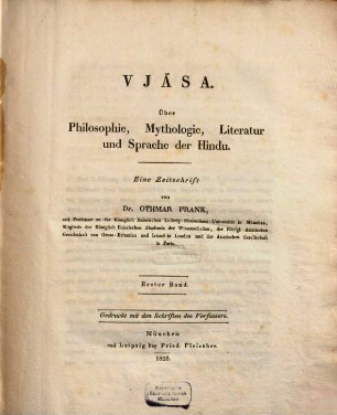 Vjāsa : über Philosophie, Mythologie, Literatur und Sprache der Hindu ; eine Zeitschrift. 1,1. 1826