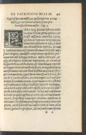 Qui usi fuerint mißa, et qui scripserint primo mißam, et ex Canone latino et graeco probari sacrificium mißae. Cap. 2.