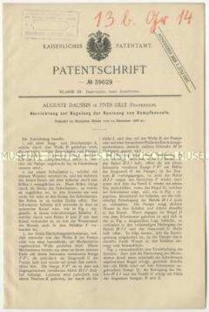 Patentschrift einer Vorrichtung zur Regelung der Speisung von Dampfkesseln, Patent-Nr. 39629