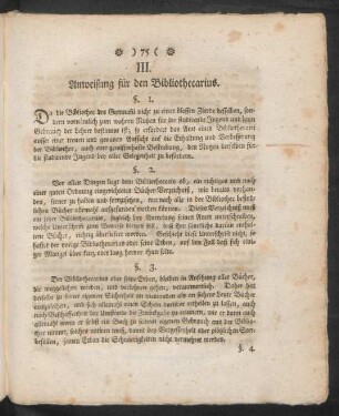 III. Anweisung für den Bibliothecarius