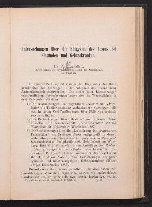 Untersuchungen über die Fähigkeit des Lesens bei Gesunden und Geisteskranken
