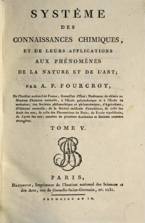 Système des connaissances chimiques, et de leurs applications aux phénomènes de la nature et de l'art, 5