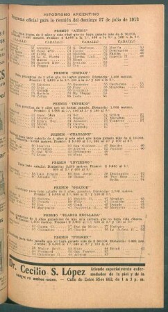 Hipódromo Argentino - Programa oficial para la reunión del domingo 27 de julio de 1913