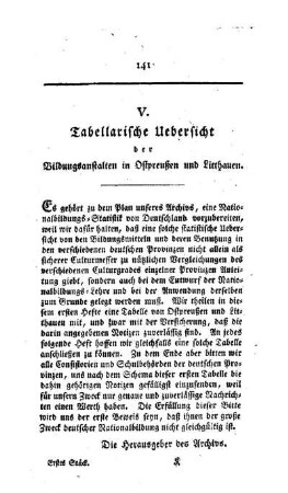 Tabellarische Uebersicht der Bildungsanstalten in Ostpreußen und Litthauen