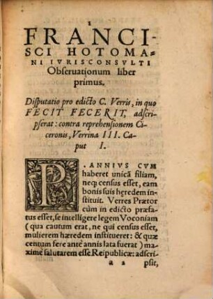 Francisci Hotomani Ivrisconsvlti Obseruationum liber .... 1