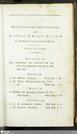 Beförderer und Theilnehmer am Denkmal J. G. von Herders durch Subscription seiner Werke