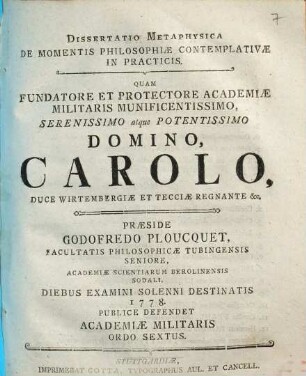 Dissertatio Metaphysica De Momentis Philosophiae Contemplativae In Practicis