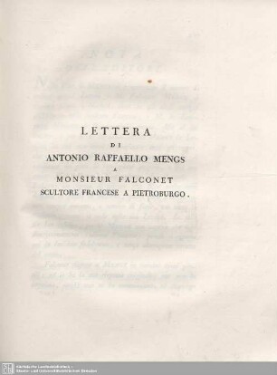 Lettera Di Antonio Raffaello Mengs A Monsieur Falconet Scultore Francese A Pietroburgo.