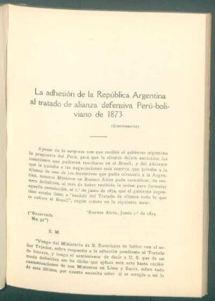 La adhesión de la República Argentina al tratado de alianza defensiva Perú-boliviano de 1873 - (Continuación)