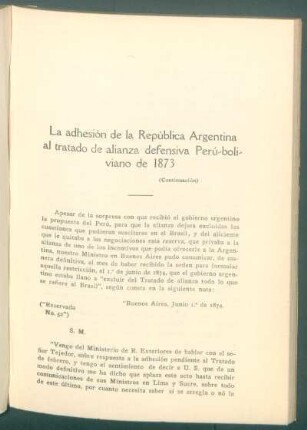 La adhesión de la República Argentina al tratado de alianza defensiva Perú-boliviano de 1873 - (Continuación)