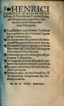 Henrici Cornelii Agrippae De nobilitate et praecellentia foeminei sexus