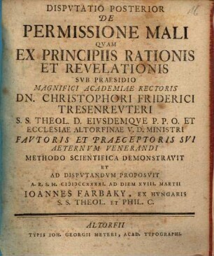 Disputatio Posterior De Permissione Mali