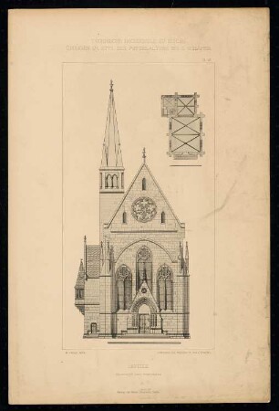Kapelle: Grundriss und Westseite (aus: C. Schäfer, Die Bauhütte, Entwürfe im Stile des Mittelalters, 1. Bd., 1883, Tafel 43)