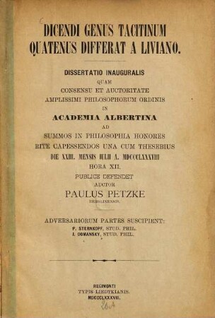Dicendi genus Tacitinum quatenus differat a Liviano