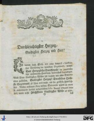 Durchleuchtigster Herzog, Gnädigster Herzog und Herr!