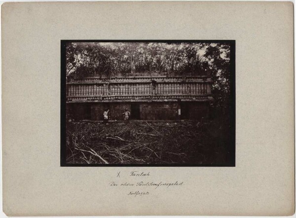 "Columned frieze palace. North facade. (with members of the expedition)"