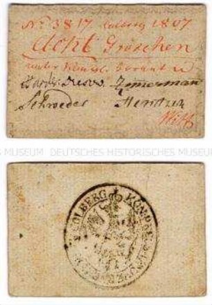 Papiergeld der Belagerung von Kolberg 1807: "Kommissions-Kupon" über 8 Groschen