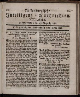 XXXIII. Stück. Sonnabends : den 17. August, 1782.