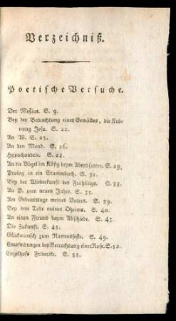 Verzeichniß. Poetische Versuche