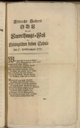 Albrecht Hallers Ode über das Einweihungs-Fest der Göttingischen hohen Schule den 17. Herbstmonats 1737.