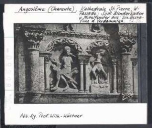 Angoulême, Kathedrale: Westfassade, südl. Blendarkaden vom Mittelfenster aus: Bestrafung der Verdammten
