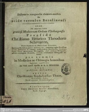Dissertatio inauguralis chemico-medica de acido caeruleo Berolinensi