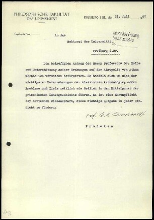 W.H. Schuchhardt an Rektorat der Universität Freiburg