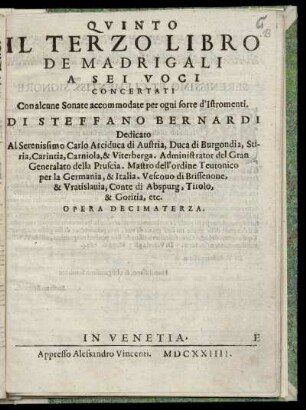 Steffano Bernardi: Il terzo libro de madrigali a sei voci concertati ... Quinto