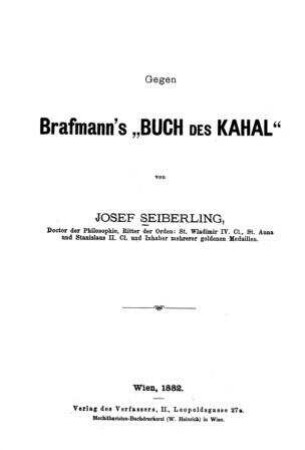 Gegen Brafmann's "Buch des Kahal" / von Josef Seiberling