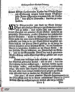 Cap. LXX Schlangen-Feuer-Spritzen-Ordnung