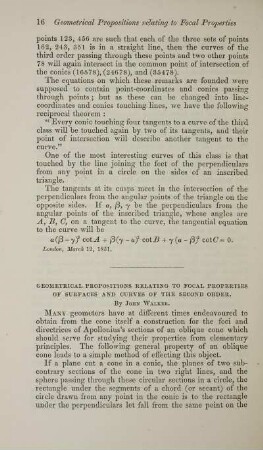 Geometrical propositions relating to focal properties of surfaces and curves of the second order.