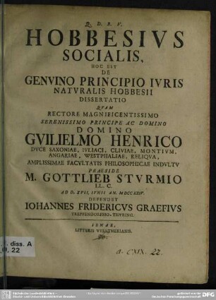 Hobbesius Socialis, Hoc Est De Genuino Principio Iuris Naturalis Hobbesii Dissertatio