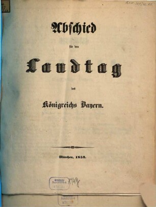 Abschied für den Landtag des Königreichs Bayern. 1852
